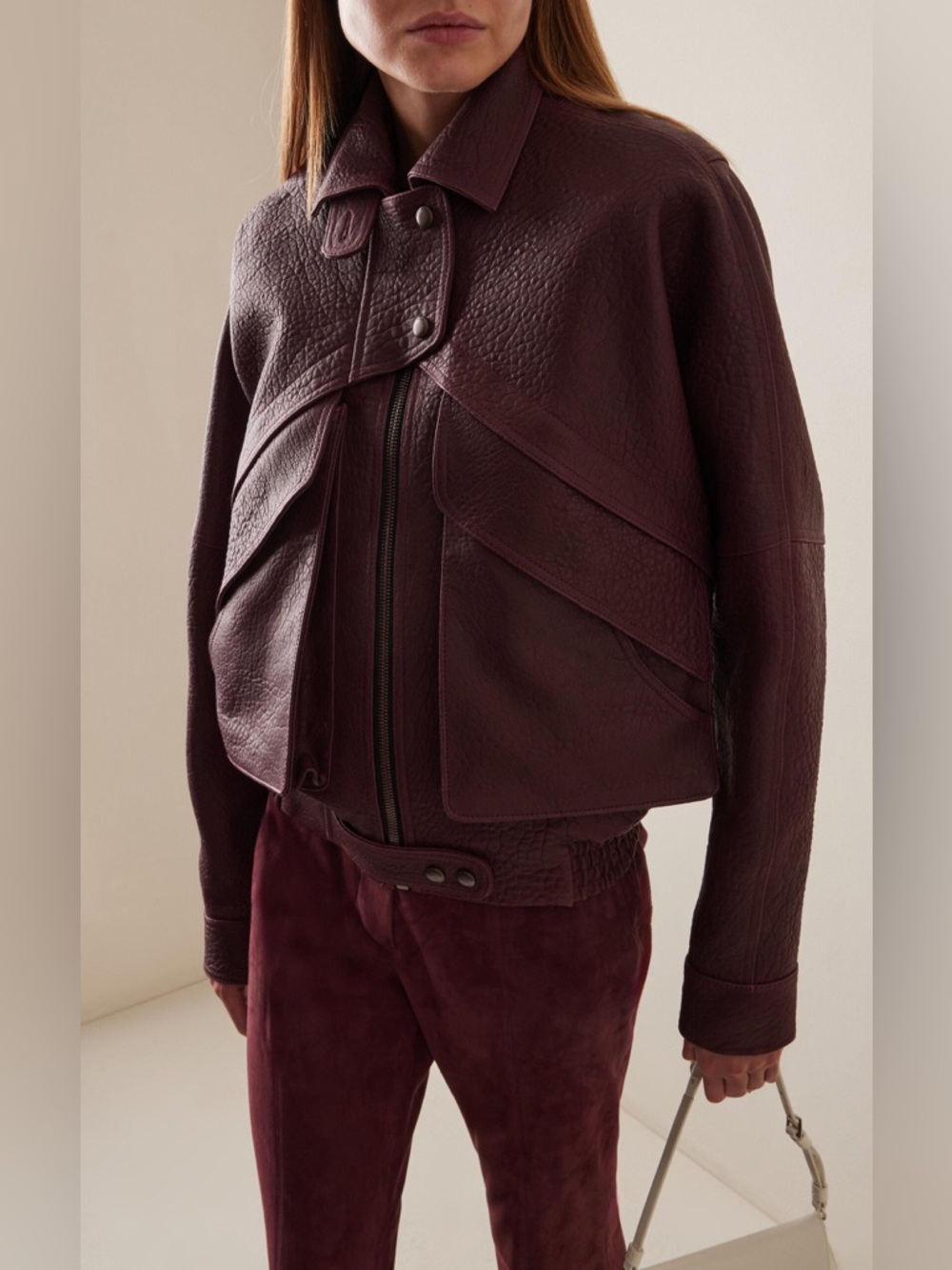Magda Butrym Cropped Leather Jacket Burgundy Red 36